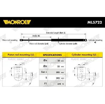 Příslušenství karosérie Pneumatická pružina, zavazadlový / nákladový prostor MONROE ML5722