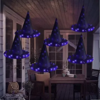 Svítící čarodějnický klobouk, Halloweenská dekorace pro venkovní i vnitřní použití, Halloweenské