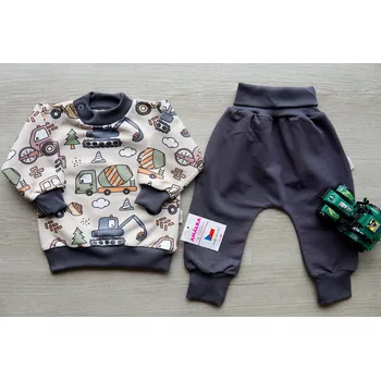 Kojenecká souprava AMÁLKA Elastická souprava teplákovina tmavě šedá, bagry Velikost: 74