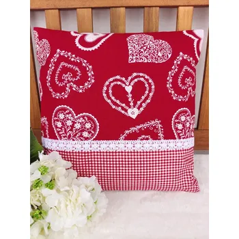 Povlak na polštářek Povlak na polštář 40 x 40 cm – Malovaná srdce bílá s krajkou | Ruční výroba z bavlny