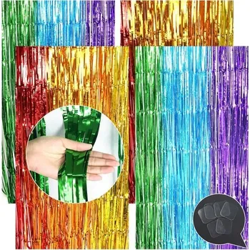 Sprchový závěs 4 pozlátkové závěsy, fóliové závěsy s třásněmi, fóliové závěsy s třásněmi 3,3 x 6,6 stop, duhové