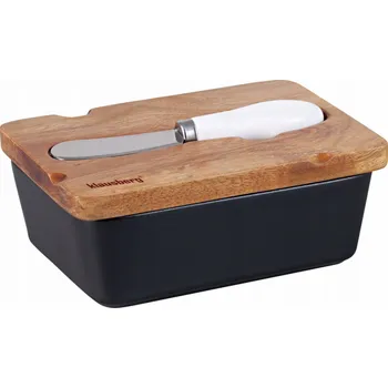 Klausberg KB-7784 PORCELÁNOVÁ MÁSLOVÁ MISKA S NŮŽEM, AKÁCIOVÉ VÍČKO, ČERNÁ