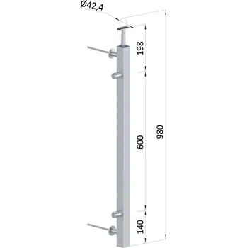 Zábradlí sloupek na francouzský balkon, HRANATÝ, broušená nerez - profil 40 x 40 x 2 mm, boční kotvení, výplň plech, levý, vrch pevný, ukončení na trubku ø 42,4 mm
