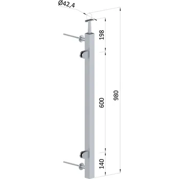 Zábradlí sloupek na francouzský balkon, HRANATÝ, broušená nerez - profil 40 x 40 x 2 mm, boční kotvení, výplň sklo, levý, vrch pevný, ukončení na trubku ø 42,4 mm
