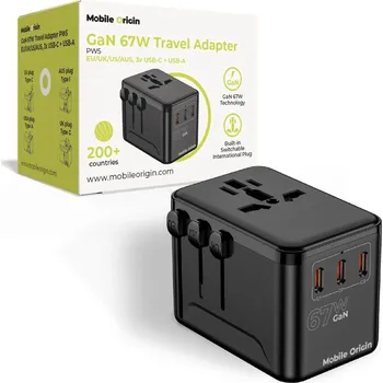 Mobilní telefon Mobile Origin GaN 67W Travel Adapter PW5 EU/UK/US/AUS 3x USB-C + USB-A MO-TRA67-PW5