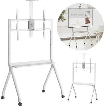 Televizní držák Maclean TV stojan / vozík, police na kamery, na kolečkách, 55-100", max. zatížení 120kg/10kg police, max. VESA 900x600, bílá, MC-114 W