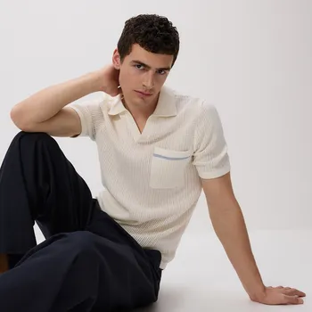 Pánský svetr Reserved - Ažurový polo svetr - krémová - 935ED-01X - 935ED-01X-XL