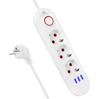 Napájecí kabel Napájecí lišta Maclean, 3zásuvkový prodlužovací kabel + 3xUSB, 110-240V AC 50/60Hz, 2,1A max. 2500W, 1,5 m, bílá, MCE394 W
