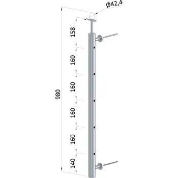 Zábradlí sloupek na francouzský balkon, kulatý, broušená nerez, výplň ø 12 mm - boční kotvení, 5 děrový, pravý, vrch pevný, ukončení na trubku ø 42,4 mm, průměr výplně 12 mm nebo 14 mm