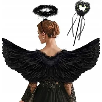 Karnevalový kostým Andělská křídla černá, svatozář, hůlka, kostým pro dospělé M/L