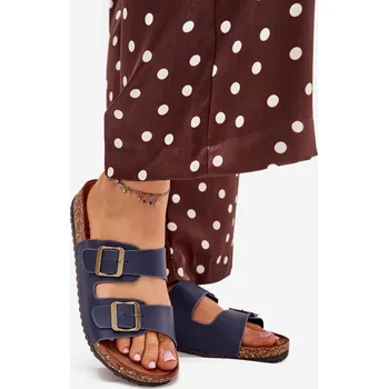 Dámské sandále Dámské pantofle na korkové platformě s přezkami – tmavě modré Velikost: 40