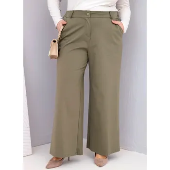 Dámské kalhoty Dámské kalhoty Plus Size se širokou nohavicí a vysokým pasem khaki UNI