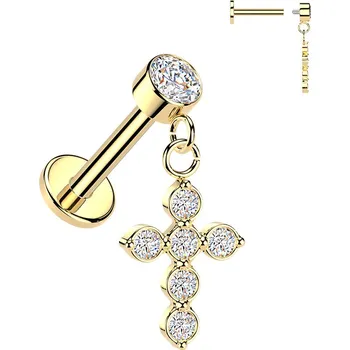 Piercing Šperky4U Zlacený piercing do ucha - labreta s křížkem, 1,2 x 6 mm - LB1155GD-1206