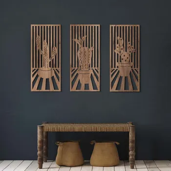 Obraz 3 Dílný dřevěný obraz - Kaktusy, Dub tabákový (nedostupný) | DUBLEZ