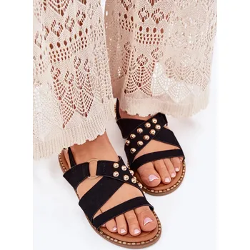 Dámské sandále Dámské sandály na nízkém podpatku se zlatými cvoky – černé Velikost: 40