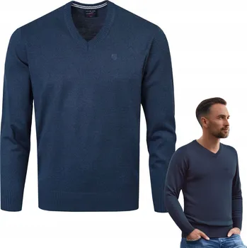 Pánský svetr Pánský svetr do V, elegantní, hladký, TMAVĚ MODRÝ melanž XXL Pako Jeans