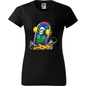 Dámské tričko levne-damske-bavlnene-tricko-potisk-RIP-skate Velikost dámská trička Basic: XL šířka 56, délka 67, Odstín dámské tričko Basic: Černé