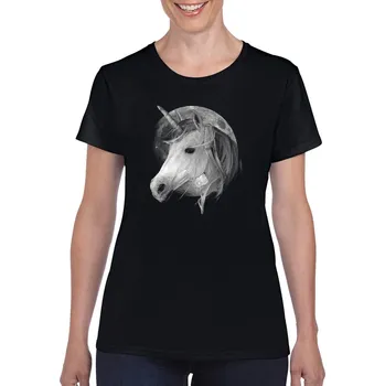 Dámské tričko levne-damske-bavlnene-tricko-potisk-jednorozec-Mesic Velikost dámská trička Basic: XL šířka 56, délka 67, Odstín dámské tričko Basic: Černé