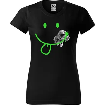 Dámské tričko levne-damske-bavlnene-tricko-potisk-usmev-kosmonaut Velikost dámská trička Basic: XL šířka 56, délka 67, Odstín dámské tričko Basic: Černé
