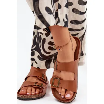 Dámské sandále Dámské pantofle na korkové platformě s přezkami – camel Velikost: 39