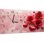 Glasdekor Nástěnné hodiny 30x60cm aranžmá růží a srdíček Materiál: kalené sklo