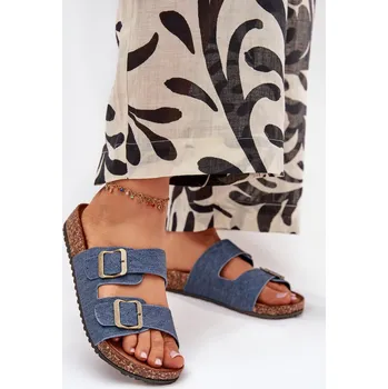 Dámské sandále Dámské pantofle na korkové platformě s přezkami – tmavý denim Velikost: 38