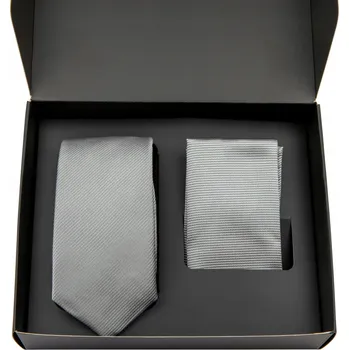 Kravata Pánská kravata šedá + kapesníček šedý proužkovaný