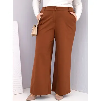 Dámské kalhoty Dámské kalhoty Plus Size s širokým nohavicí a vysokým pasem tmavě camelové UNI