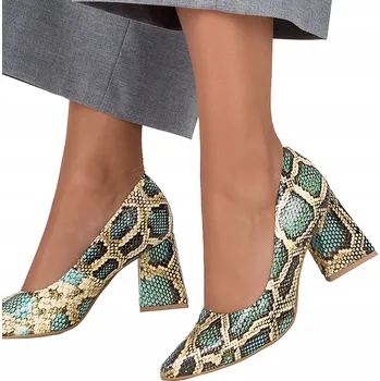 Dámské lodičky DÁMSKÉ KOŽENÉ LODIČKY Módní hadí vzor, trojúhelníkový podpatek, blokový podpatek, velikost 36