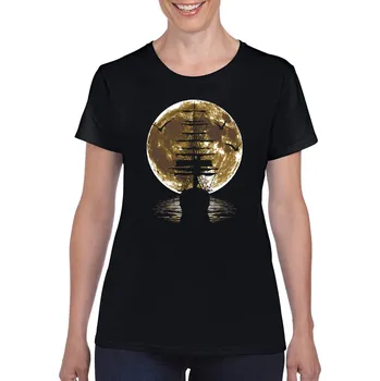 Dámské tričko levne-damske-bavlnene-tricko-potisk-nocni-lod Velikost dámská trička Basic: S šířka 44, délka 60, Odstín dámské tričko Basic: Černé