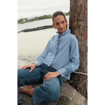 Dámská halenka Bavlněná košile pruh s volánem Onado XK010 barva: modrá tmavá, velikost: S