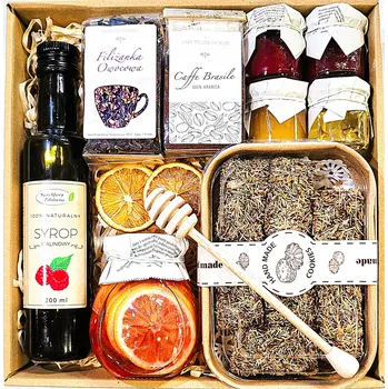 Dárkový potravinový koš Dárkový koš dárek dárkové balení čaje káva med sirup kataifi malina