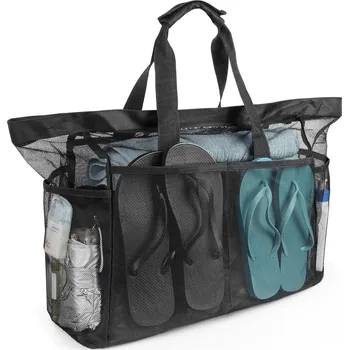 Kabelka Velká plážová taška z nylonu, černá, s organizérem a voděodolným zipem