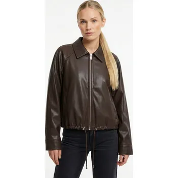 Dámský kabát Trendy koženková bunda na zip K-ZELL 3592 barva: hnědá tmavá, velikost: M