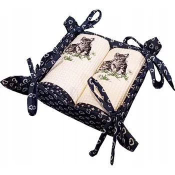 Utěrka Košík na pečivo VÁZANÝ tmavě modrý s proužky + 2 kuchyňské utěrky Kočky