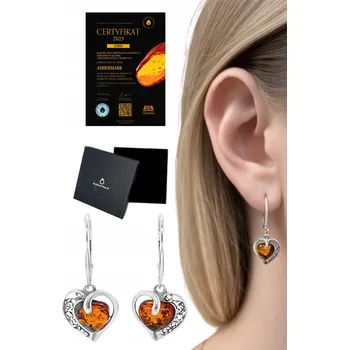 Náušnice Kolczyki srebrne z bursztynem, elegantní srdíčka, anglické zapínání