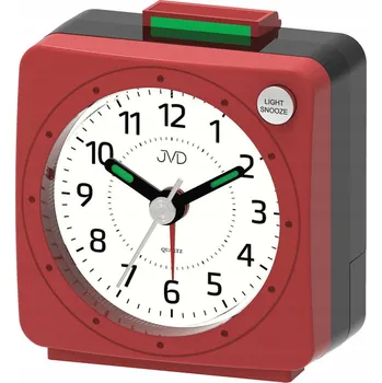 Budík ČERVENÝ MALÝ 5,6 cm ČTVERCOVÝ BUDÍK JVD SR220.11 PODSVÍCENÍ FUNKCE SNOOZE