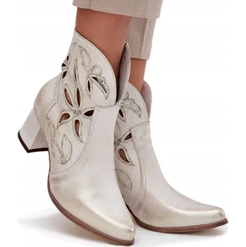 Dámská zimní obuv DÁMSKÉ KOTNÍKOVÉ BOTY AŽUROVÉ KOŽENÉ NA SLOUPOVÉM PODPATKU SE ZIPEM ZAZOO 3647 ZLATÉ PATINOVANÉ 37