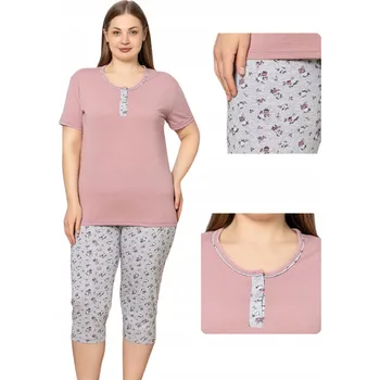 Dámské pyžamo Dámské bavlněné 3/4 pyžamo Rybářky Pudrová Růžová Šedé s růží XL