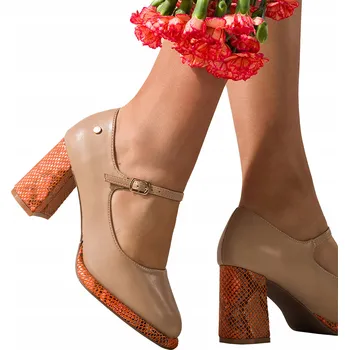 Dámské lodičky Lodičky Dámské Béžové Pásek MARY JANE Stabilní Sloupek Vložka Kůže vel. 39