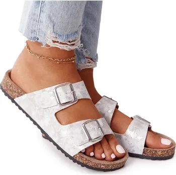 Dámské pantofle DÁMSKÉ STŘÍBRNÉ PROFILOVANÉ NAZOUVÁKY KORKOVÉ PŘEZKY 38