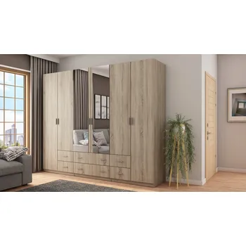 Šatní skříň Skříň eMeblast dub sonoma světlá se 6 zásuvkami a zrcadlem 240x220x57 cm