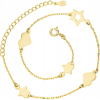 Náramek Zlatý náramek na nohu 925 srdíčka a hvězdičky