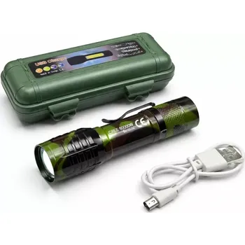 Svítilna XANES PAE-535 LED CREE T6 + COB, USB nabíjecí, zoom, kapesní, maskáčová (LED svítilna + boční COB světlo | Nabíjecí přes USB | Teleskopický zoom a vysoký výkon | Voděodolná outdoor svítilna v maskáčovém provedení | Ideální pro kempování, rybaření