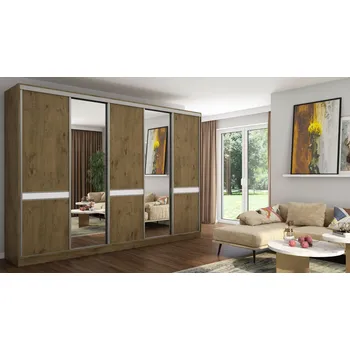 Šatní skříň Skříň eMeblast posuvná, 5-dveřová se zrcadlem, dub lancelot, 340x244x66 cm