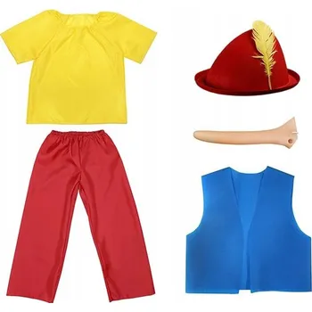 Karnevalový kostým KOSTÝM PINOKIO KLOBOUK NOS KALHOTY 116-128