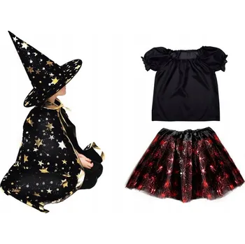 Karnevalový kostým KOSTÝM ČARODĚJNICE HALLOWEEN PŘEVLEK ČARODĚJKA PLÁŠŤ 98-110 4 díly