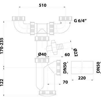 Sifon Bruckner Dřezový sifon s odbočkou 6/4 pro dvojdřez pračková odbočka DN50 bílá 155.133.0
