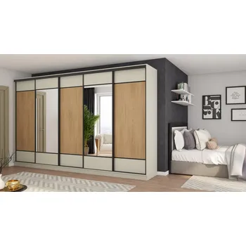 Šatní skříň Skříň eMeblast Posuvné skříně 5D 400 x 244 x 64 cm kašmír skříň se zrcadlem