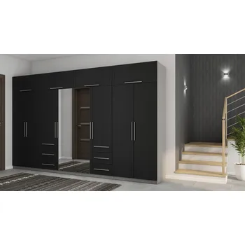 Šatní skříň Skříň do ložnice, předsíně 360 cm se zrcadlem, zásuvkami, tyčemi, černá